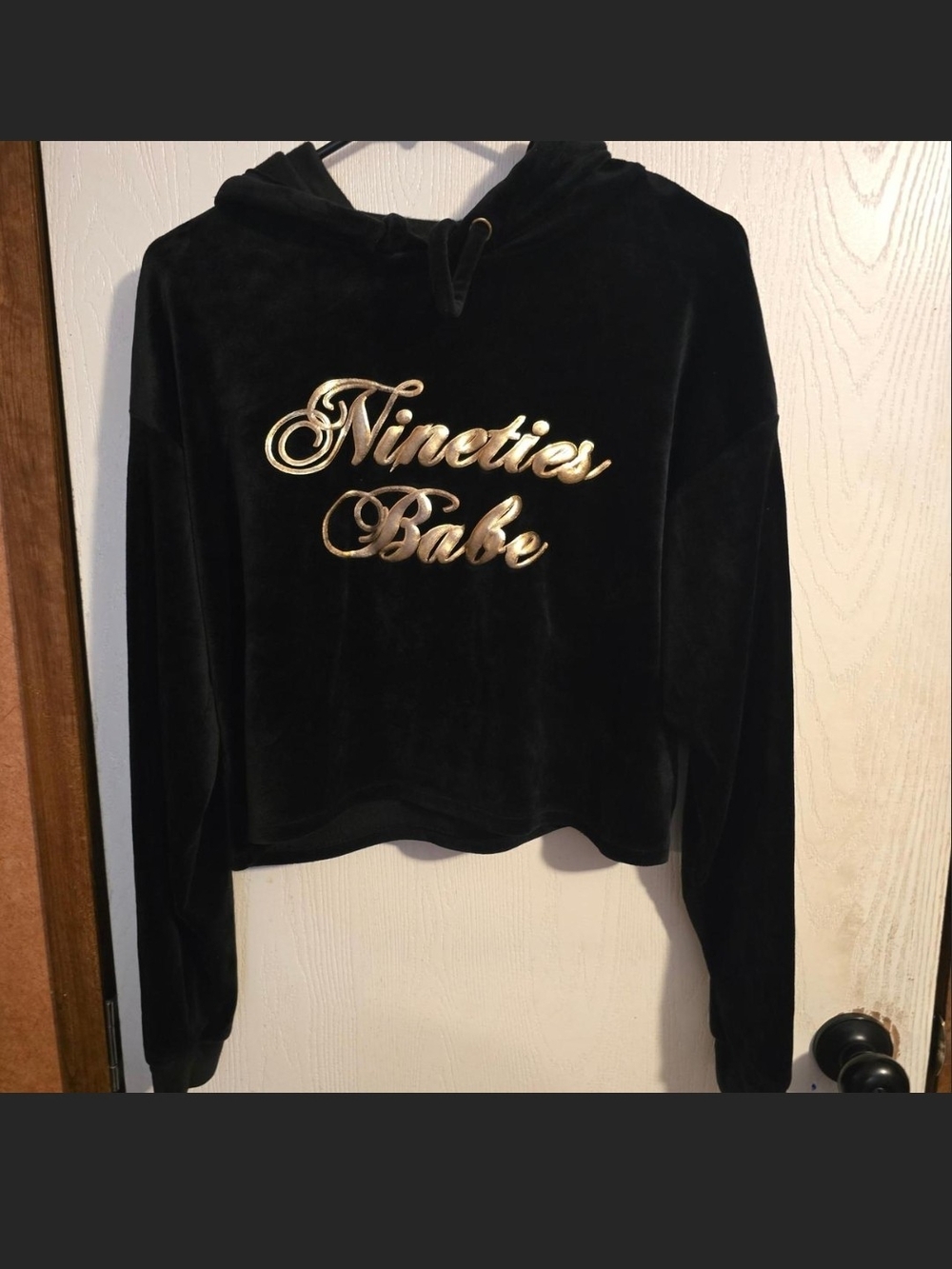 Forever 21 Black Velvet Hoodie with Gold 'Nineties Babe' Script